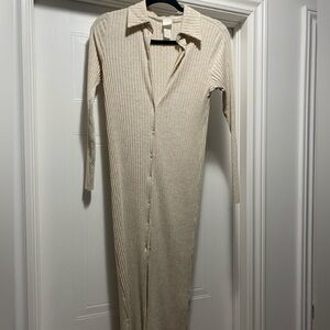 H&M Cream Long Sleeve Ribbed Dress